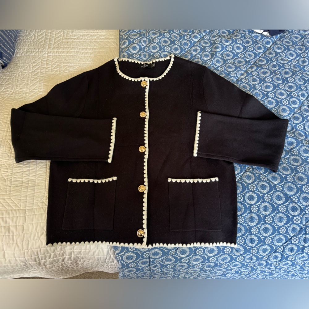 Lady cardigan, black with white trim and gold buttons. Size XL, NWOT